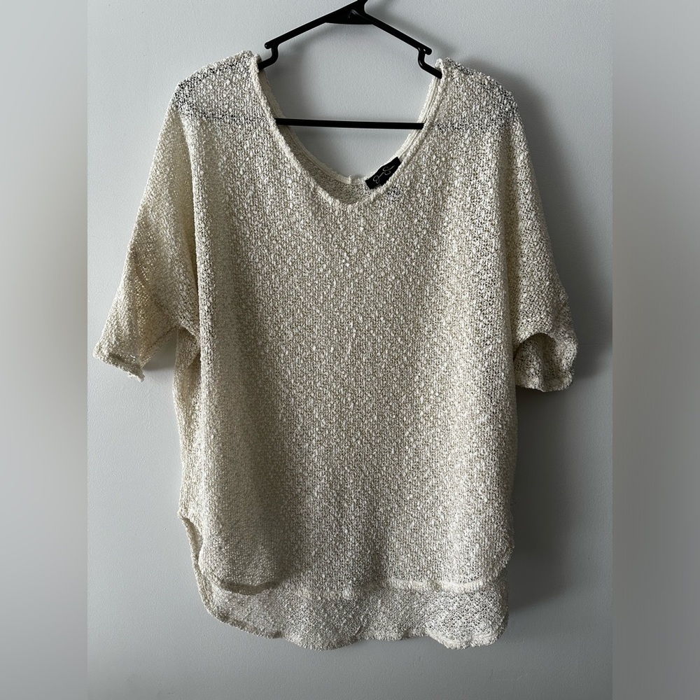 Jessica Simpson Tunic Elinah Top Womens Cream Sparkled Gold V Neck Knit Med